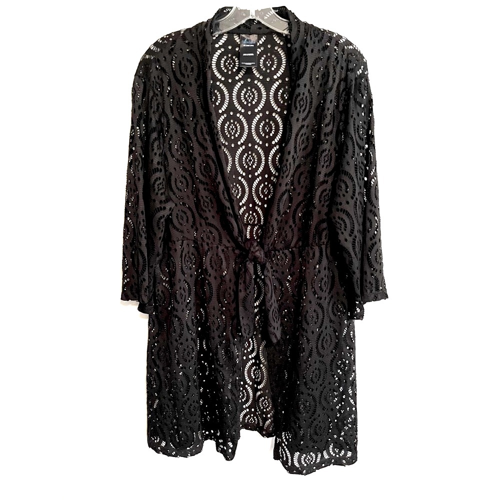 Catalina Swimwear Swim Coverup Kimono Tie Front Black Eyelet & Lace Size 2X